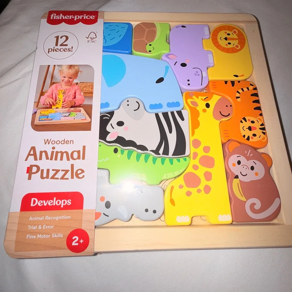 Fisher-Price Wooden Animal Puzzle Kids One Size Multicolor New 12pc JFG10 Jigsaw